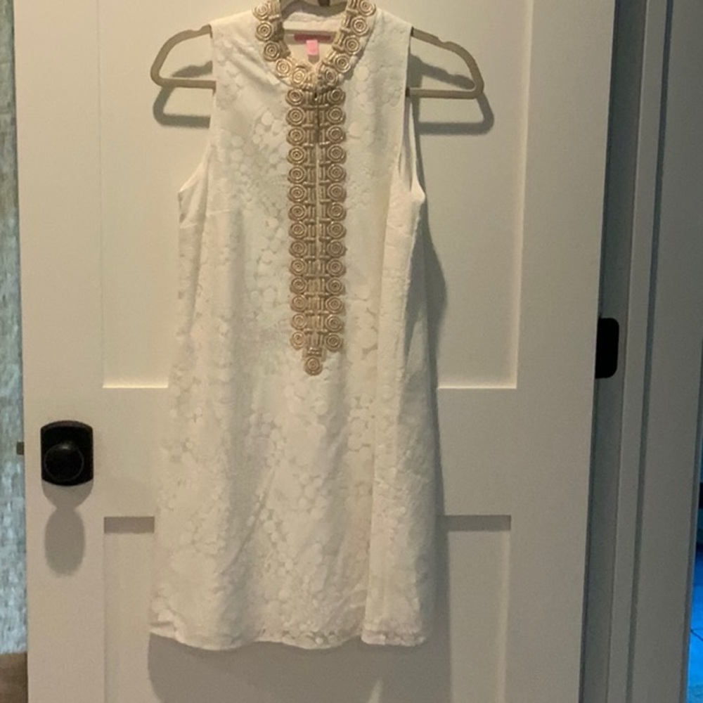 Lilly Pulitzer White Sleeveless Shift Dress with Gold Trim